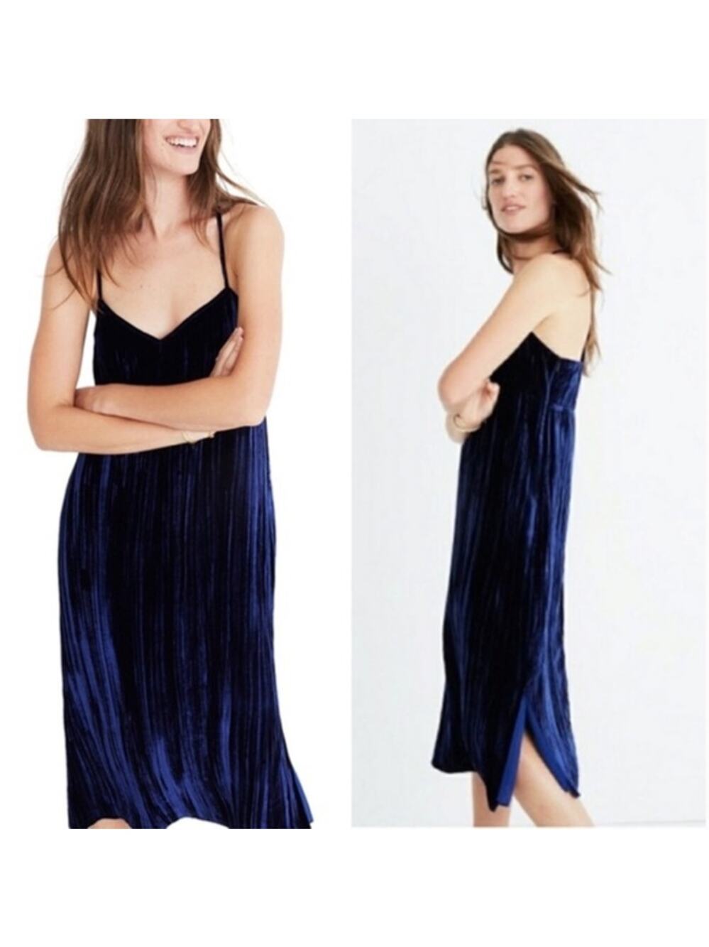 Madewell Navy Blue Crushed Velvet Slip Dress Criss Cross Back Midi Length XXS